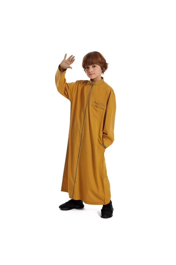 Elegant Arabic Thobe Traditional Kaftan Robe Long Sleeve Embroidered National for Teenage Boys Childrens Wear Set