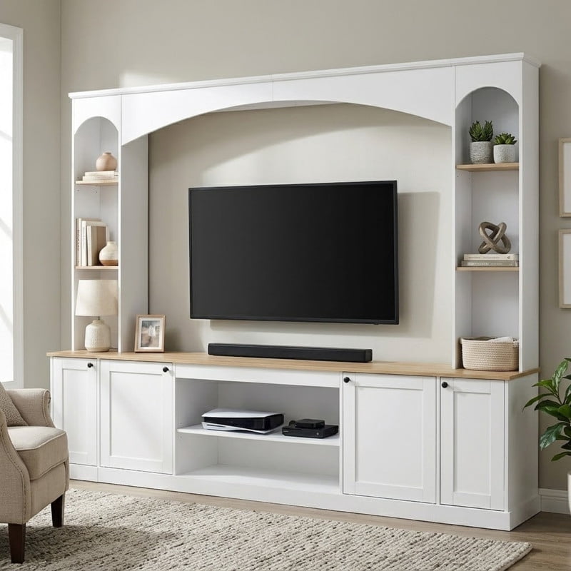 Elegant Arched Entertainment Center Wall Unit with Bookshelf for TVs Up to 70", Farmhouse TV Stand with Storage Cabinets, 91'' Media Console with Adjustable Shelves for Living Room