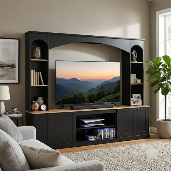 Elegant Arched Entertainment Center Wall Unit with Bookshelf for TVs Up to 70", Farmhouse TV Stand with Storage Cabinets, 91'' Media Console with Adjustable Shelves for Living Room