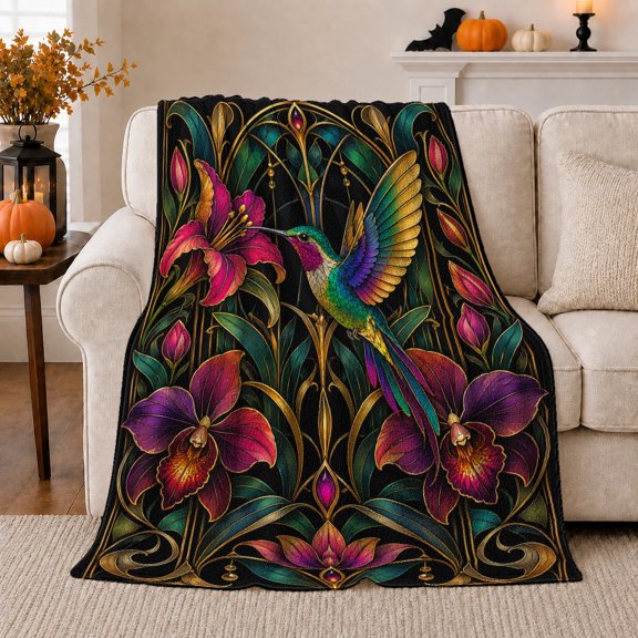 Elegant Art Nouveau Hummingbird Orchid Botanical Artwork, Mystical Botanical Garden Scene, Warm Flannel Blanket for Cabin and Lodge, Wildlife Lovers Housewarming Gift, Botanical Home Decor