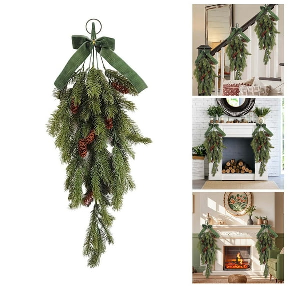 Elegant Artificial Christmas Teardrop Wreath with Realistic Cypress Pine Cones and Velvet Bow for Front Door,Fireplace Mantel, Window,Wall,Porch,Indoor Outdoor Holiday Home Decor Hanging Swag