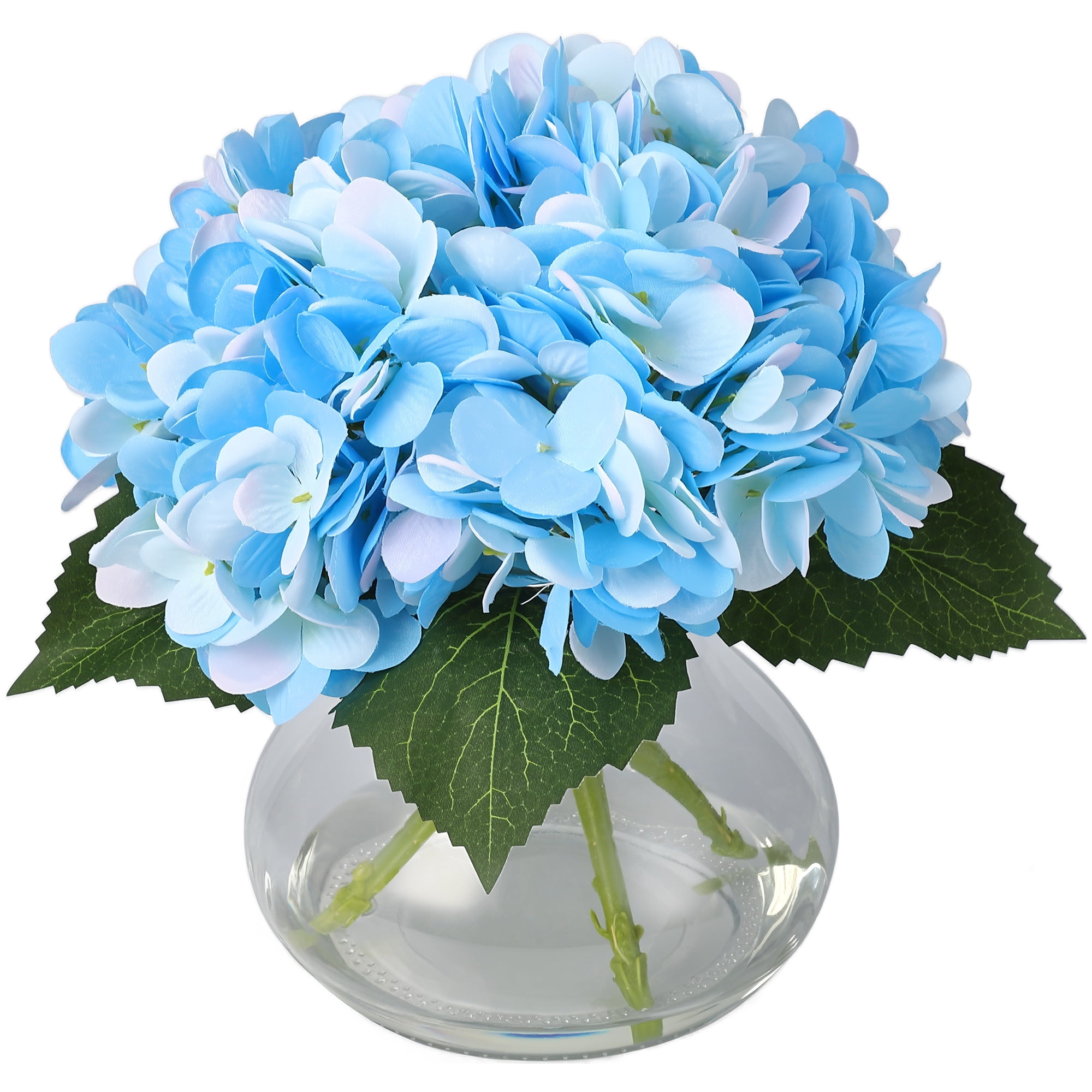 Elegant Artificial Hydrangea Silk Flowers with Glass Vase & Faux Water – Realistic White Faux Floral Arrangement Centerpiece for Table, Shelf, Bathroom, Home, or Wedding Decoration,Blue