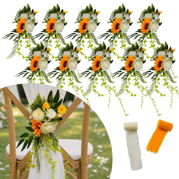 Elegant Artificial Pew Flowers for Wedding – 10 Pack ,White Rose & Eucalyptus