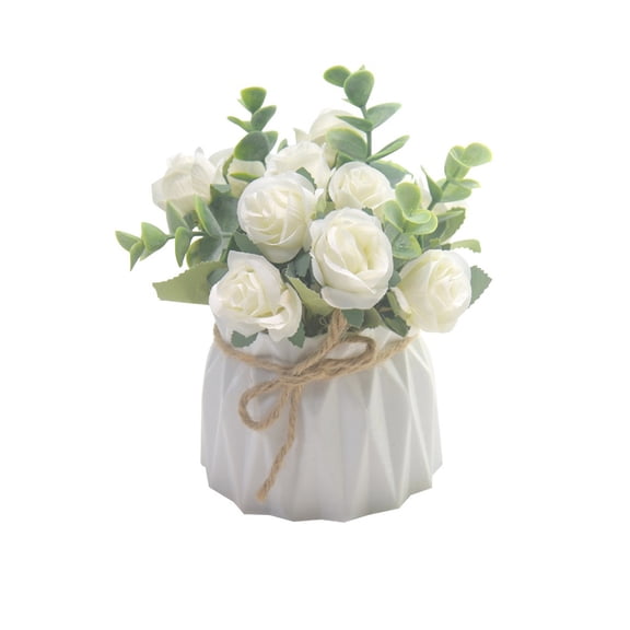 Elegant Artificial Rose Flowers with Small Vase Faux Florals Potted Plant for Indoor Desktop Decoration and Gift Giving