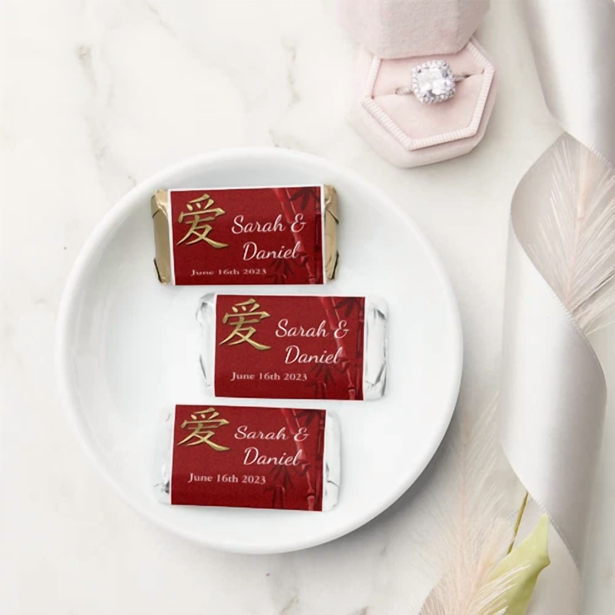 Elegant Asian Love Personalized Wedding Favors, Miniatures Candy Bars 45 Labels