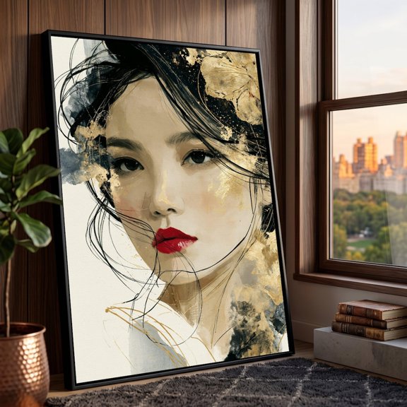 Elegant Asian Woman Portrait Art Modern Abstract Face Art Gold Accent Wall Decor Red Lips Contemporary Home Decoration, Unframed Paper Print