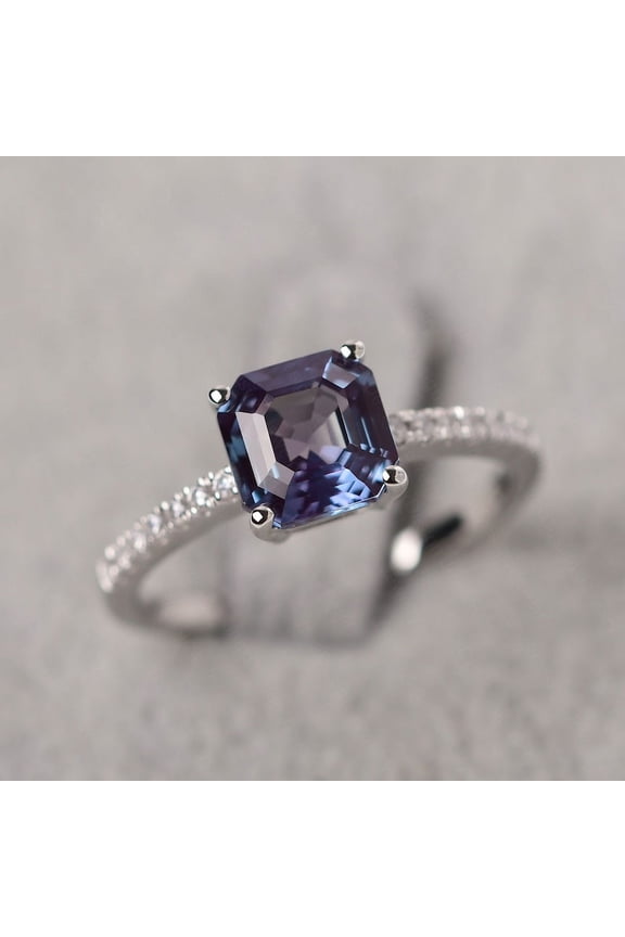 Elegant Asscher Cut Alexandrite Engagement Ring 14K Solid White Gold Rings Color Changing June Birthstone Ring