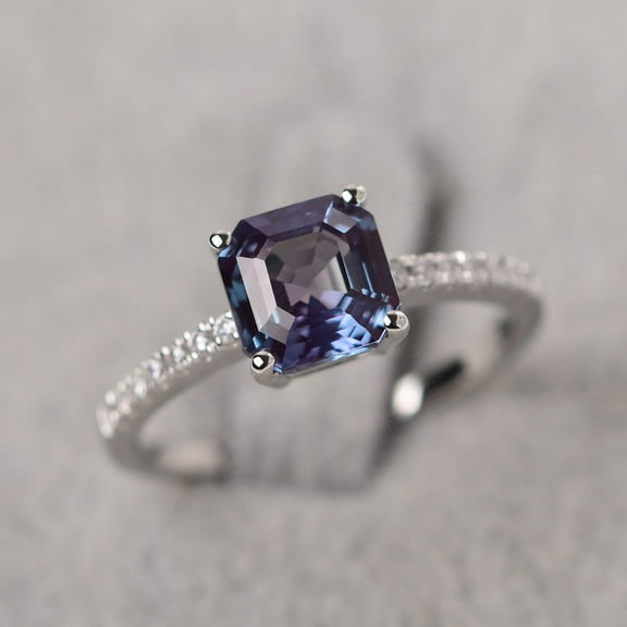 Elegant Asscher Cut Alexandrite Engagement Ring Color Changing June Birthstone Ring
