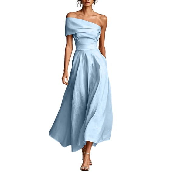 Elegant Asymmetrical One Shoulder Maxi Dress for Women Waist Fitted A Line Long Dress Fromal Evening Gown Wedding Guest Party Dress Sky Blue