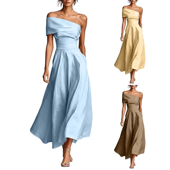 Elegant Asymmetrical One Shoulder Maxi Dress for Women Waist Fitted A Line Long Dress Fromal Evening Gown Wedding Guest Party Dress Yellow