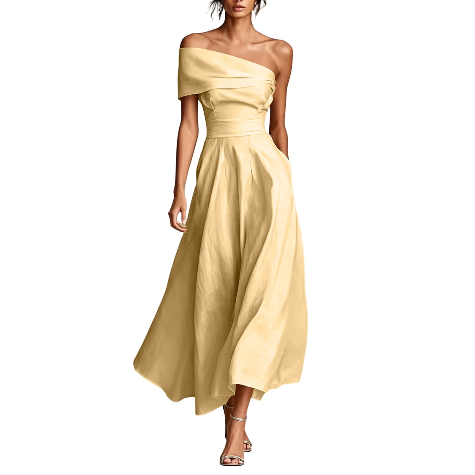 yellow asymmetrical dress Marielle Midi Hand wash cold Model is wearing a size small that measures 54in/137cm in length Slight modifications might be made to improve garment quality Asymmetrical Dress with Gold Accents