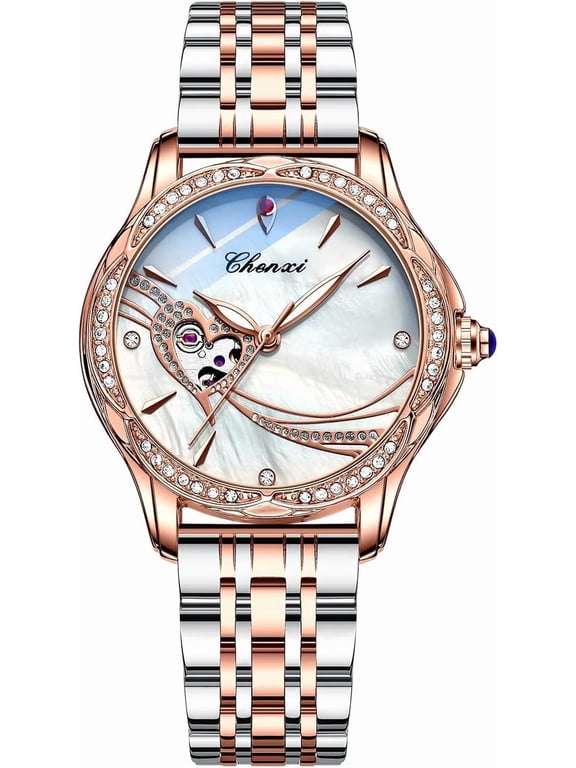Elegant Automatic Mechanical Self Winding Wrist Watch for Women, Luminous Dial Decorative Accent Bracelet Strap, Water Resistant Daily Dress Timepiece for Ladies
