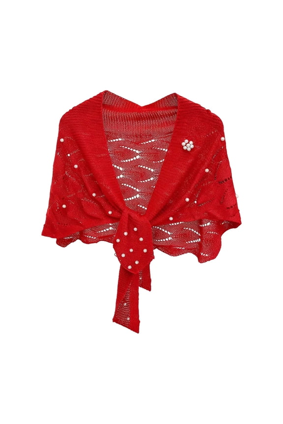 Elegant Autumn Knitted Wavy Pattern Shawl Wrap With Decorative Pearl Shoulder Strap For Women