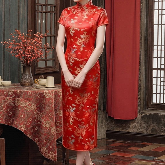 Elegant Autumn Winter Floral Print Cheongsam Evening Gown for Women