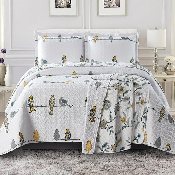 Elegant Ayat Birds Lightweight Coverlets, Full/Queen Over-Sized 3pc Quilt Set for a Comfortable Night's Sleep (92-Inch Wide x 96-Inch Long) Mix of Canary Colors Bedspread