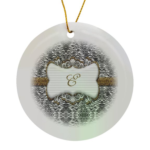 3drose, Elegant Back and White Animal Print with Gold Frame Monogram Letter E, Circle Porcelain Ornament