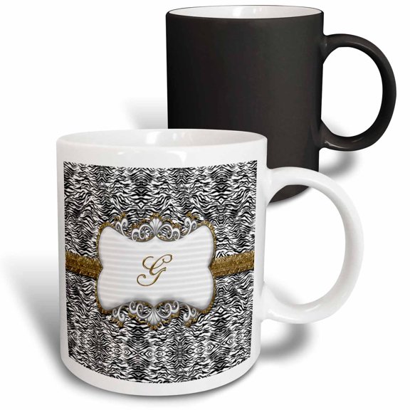3drose, Elegant Back and White Animal Print with Gold Frame Monogram Letter G, 11oz Magic Transforming Mug