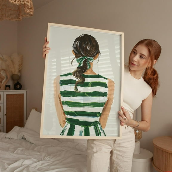 Elegant Back View Portrait With Green Bow - Print - Modern Feminine Artwork For Chic Home Decor Wall Art, Modern Wall Decor, 24x36 UNFRAMED