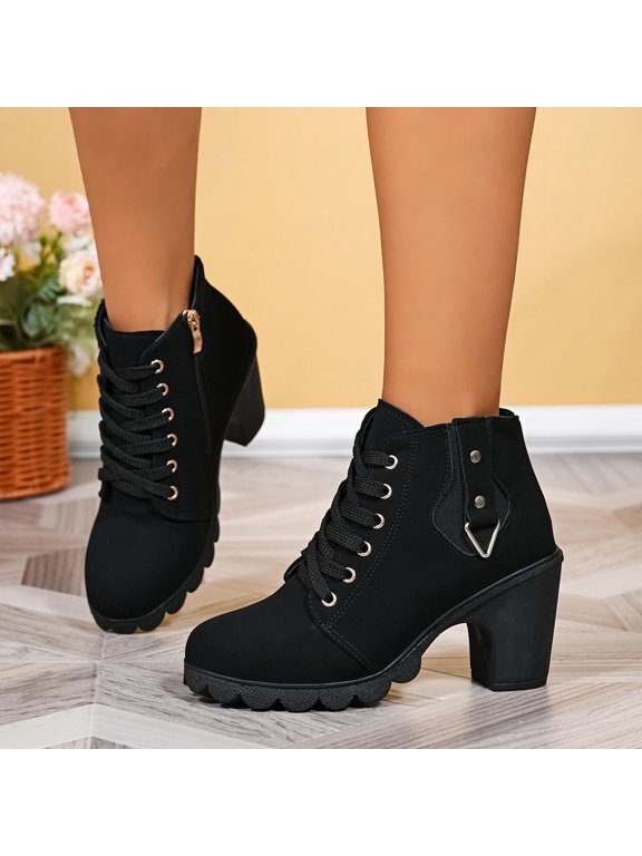 Elegant Back Zip Ankle Boots With Knot Texture Heel And Lace Up Front For Everyday Comfort In Autumn Style Women'S Ankle Booties Platform Round Toe, Black, 39