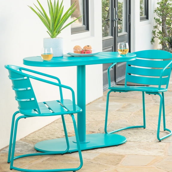 Elegant Backyard Bistro - Iron With Teal Accent Patio Matte, 2 Chairs & Oval Table For Relaxation