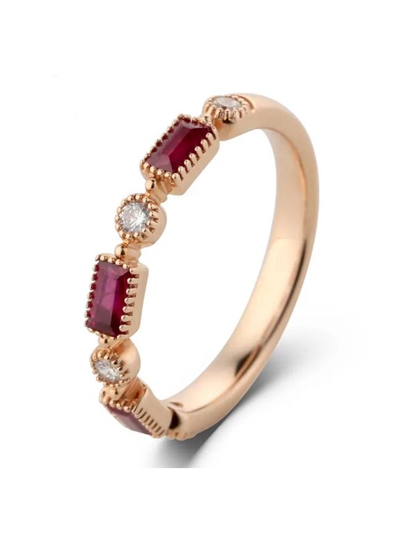 Elegant Baguette & Round-Cut Lab-Created Ruby and Moissanite Milgrain Bezel-Set Wedding Band Ring for Her in 925 Sterling Silver