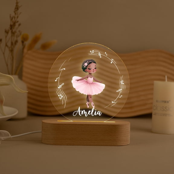 Elegant Ballet Dancer Custom LED Lamp Acrylic Plaque Wooden Base Ballerina Nursery Decor Family Gift Table Light