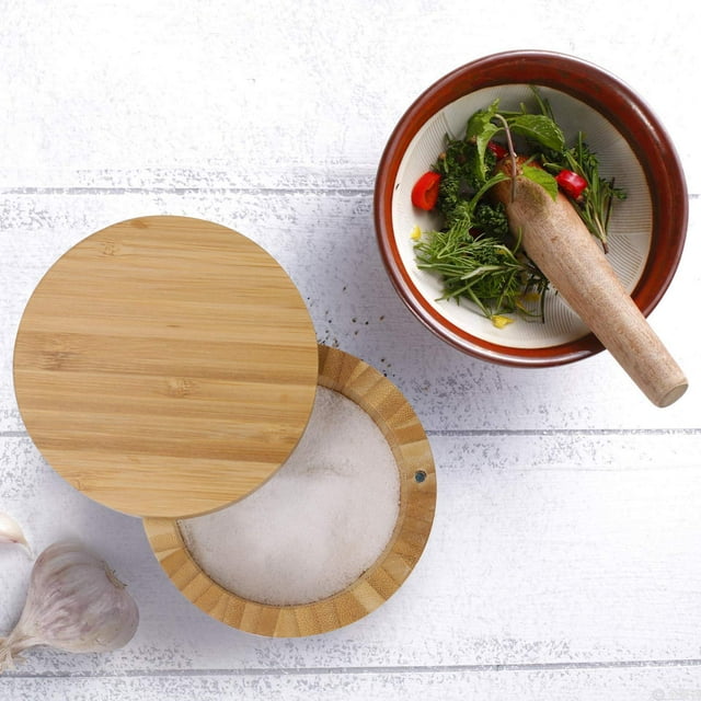 Elegant Bamboo Salt Cellar, 6oz Bowl with Swivel Lid for Sea Salt