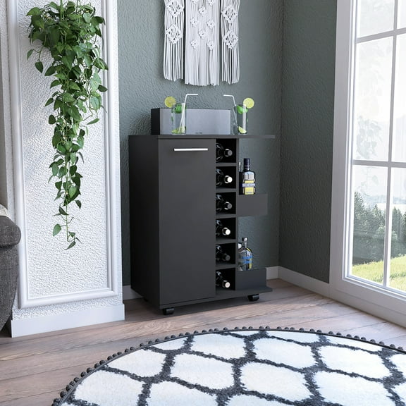 Elegant Bar Cart In Black With Four , Two Open Liquor Bottle Shelves And Single Door Cabinet Stylish Six , External Locking System Rail Guards