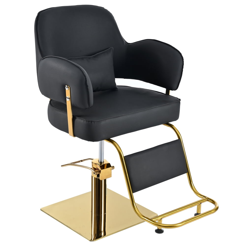 Black PU Leather Salon Chair with Gold Base and Hydraulic Pump