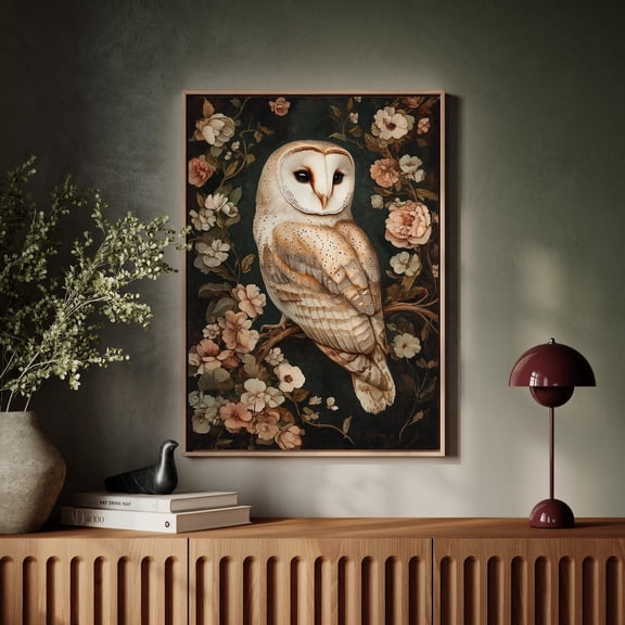 Elegant Barn Owl With Floral Accents - Vintage-Inspired Woodland Animal Art, Nature Wall Decor For Rustic Homes Wall Art, Modern Wall Decor, 16x24 UNFRAMED