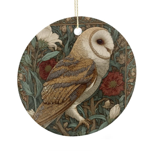 Elegant Barn Owl with Floral-4 Christmas Ceramic Ornament 3" Circle Ceramic Ornament Christmas Tree Decoration Indoor Outdoor Yard for Family Friend
