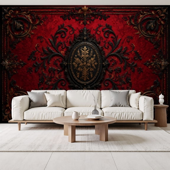 Elegant Baroque Floral Damask Red Black Tones Peel and Stick Wall Murals 69"H x 96"W Removable PVC Wallpaper Self-Adhesive Wall Paintings for Bedroom Living Room
