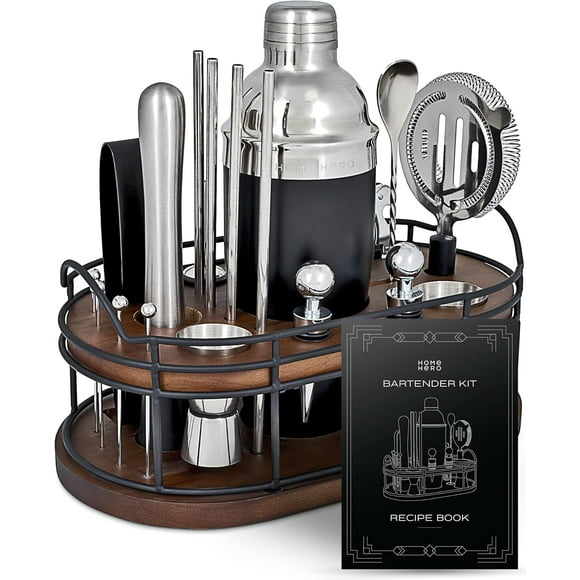 Elegant Bartender Kit with Wooden Stand, Premium Bar Set & Cocktail Shaker, Gift for Home Bar and Cocktail Enthusiasts, Essential Bar Accessories with Recipe Book (22 Pcs - Silver)