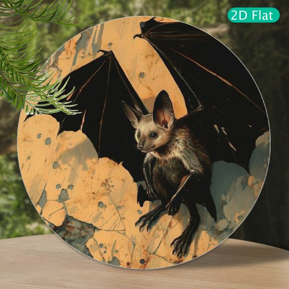 Elegant Bat Art Metal Wall Sign - 8"x8" Round Aluminum Decor for Home & Office