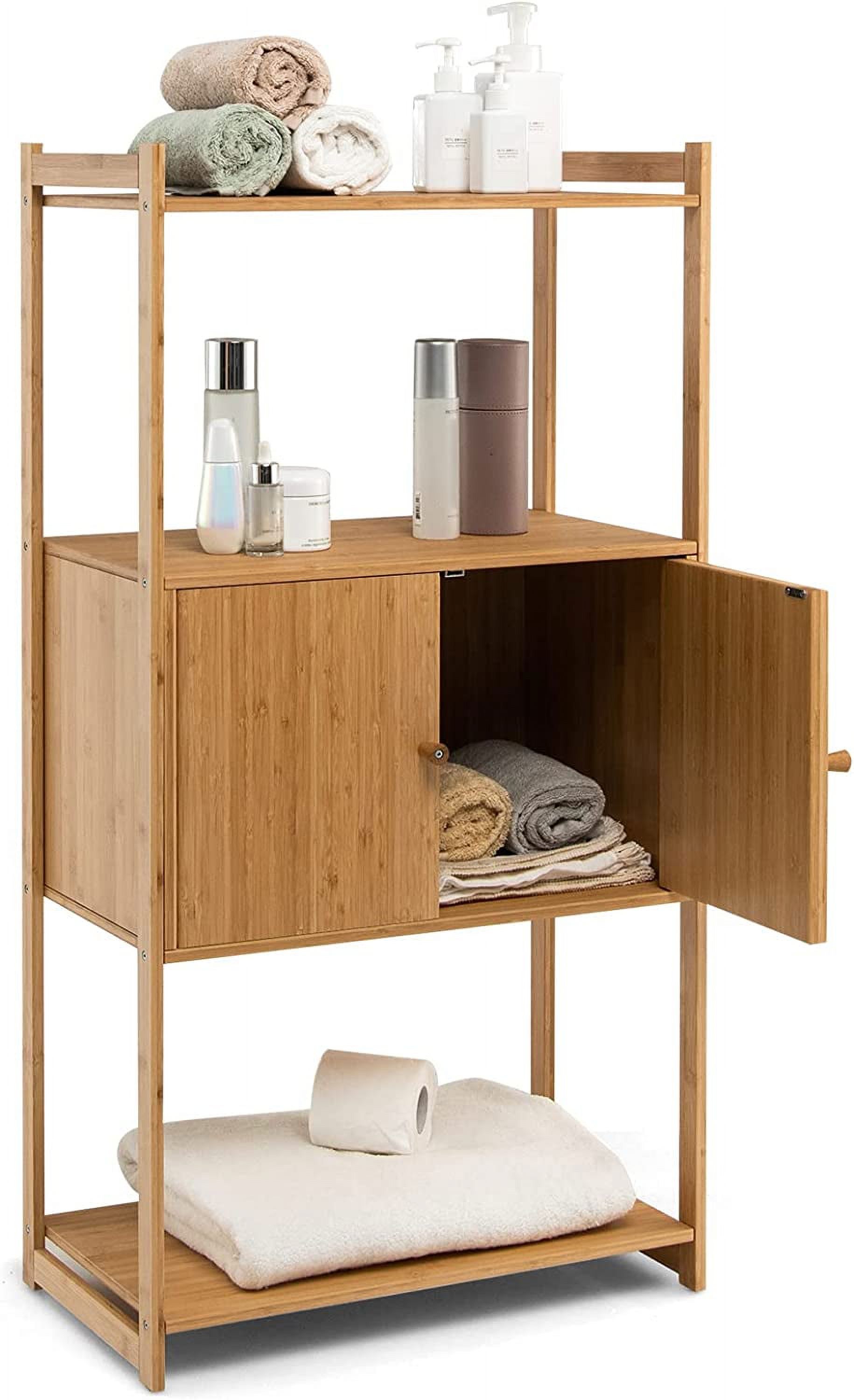 Elegant Bathroom Cabinet, Bamboo 4 Tier Floor Storage Cabinet with Enclosed Cabinet ...