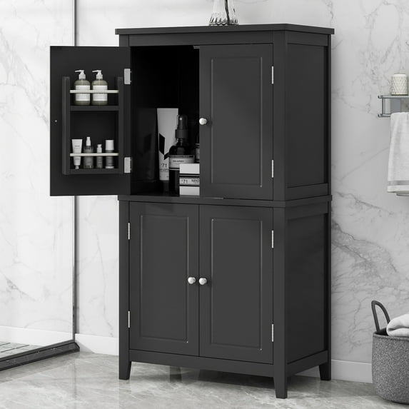 Elegant Bathroom Floor Storage Cabinet, Bathroom Storage Unit, Freestanding Cabinet with 4 Doors