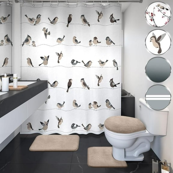 Elegant Bathroom Sets with Shower Curtain and Rugs 4PCS - Thick & Waterproof Shower Curtain Sets with Rugs, Soft Anti-slip Rugs & Universal Size Toilet Lid Cover for Bathroom (Sand Beige)