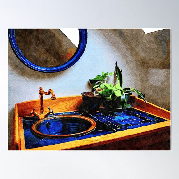 Elegant Bathroom Sink With Blue Tiles And Greenery Poster Wall Art, Modern Wall Decor For Living Room Bedroom, 8x12 UNFRAMED