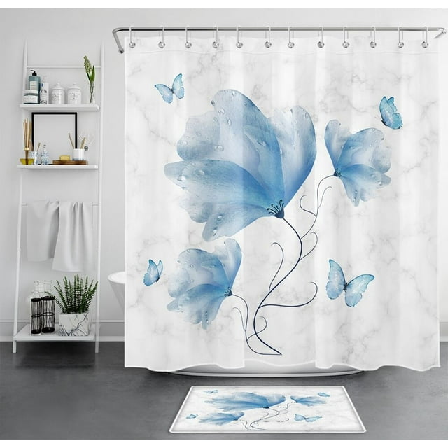 Elegant Bathroom Transformation Blue Marble Butterfly Shower Curtain