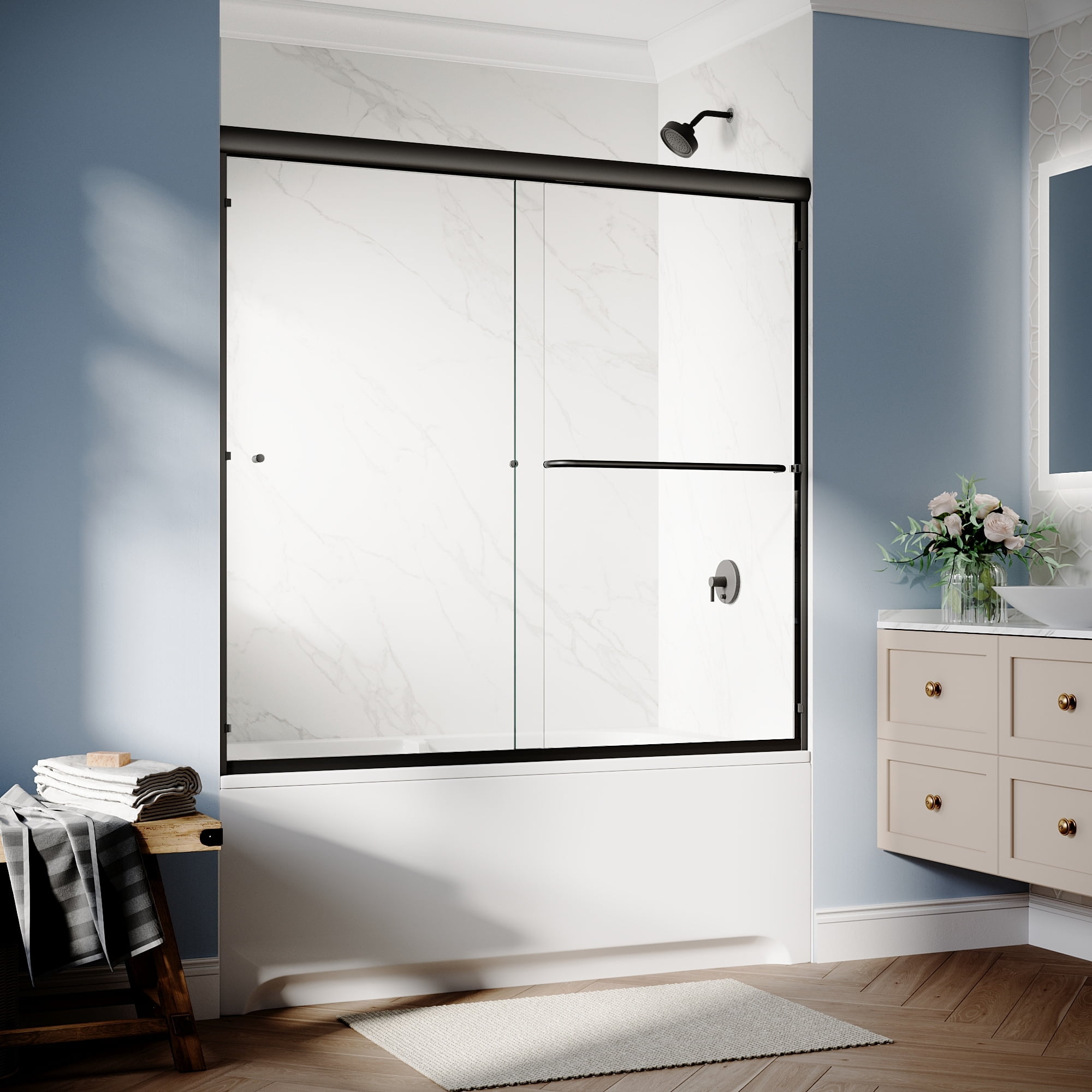 60" W x 57" H Nickel Semi-Frameless Sliding Tub Door with Clear Glass