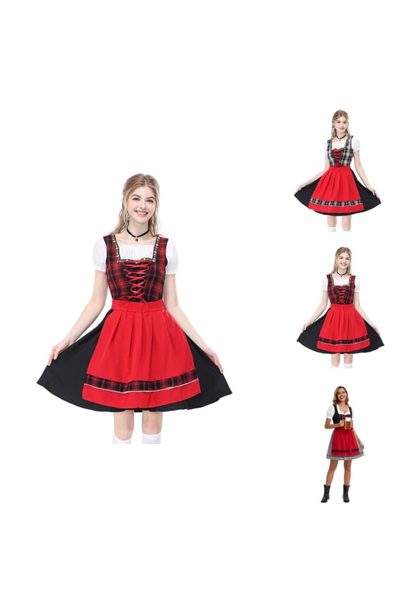 Elegant Bavarian Festival Dress For Traditional Gingham Print Bodice Waist Cinching A Line Midi Ensemble For Stage Performances