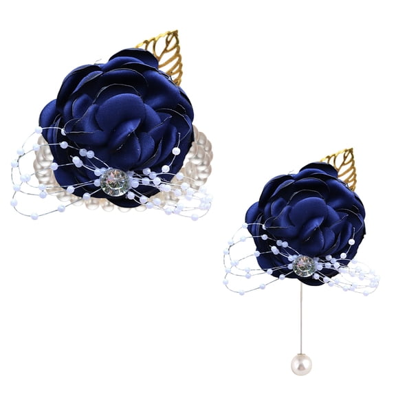 Elegant Beach Wedding Bouquet Corsage Set with Artificial Satin Roses Wrist Flower Boutonniere for Bride Bridesmaids Groom Groomsmen Adjustable Pearl Wristlet Wedding Decoration