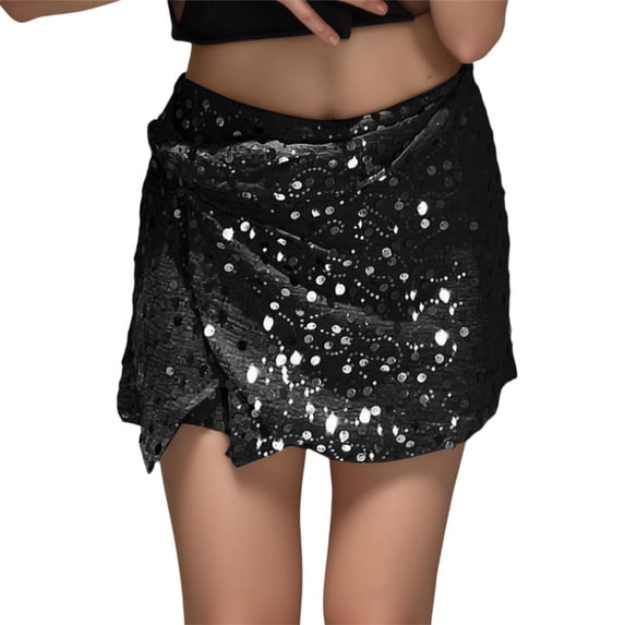 Elegant Beaded Festival Mini Skirt, Sparkly High Waisted Stretchy Bodycon, Shimmering Bow Front Party Ready Night Out Clubwear