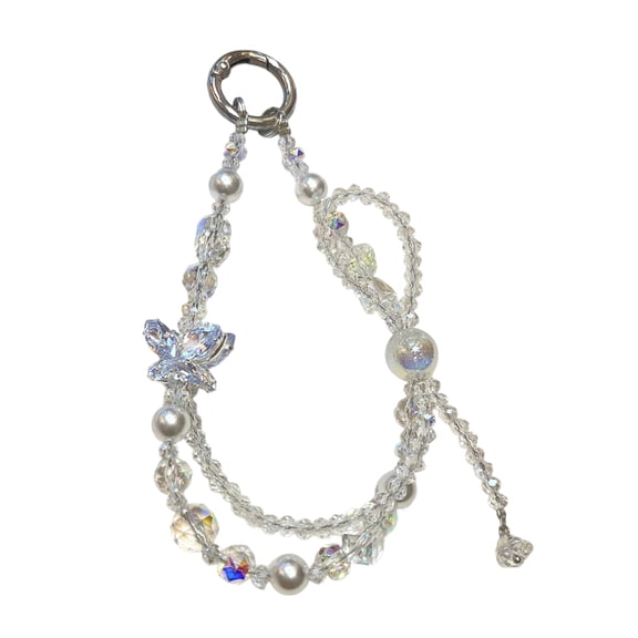 Elegant Beaded Phone Lanyard for Women, Adjustable Anti-Lost Wrist Strap Jewelry Accessory with Keyring