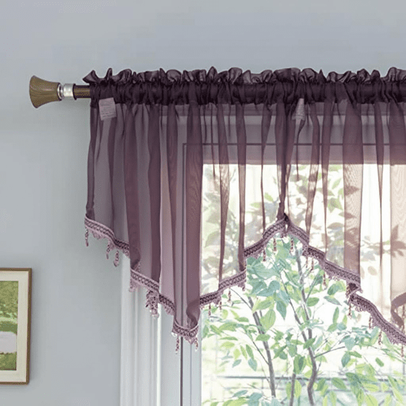Elegant Beaded Sheer Valance Curtain with Rod Pocket, Tassel Trim Voile Window Treatment for Farmhouse Living Room, Bedroom, Bathroom, or Cafe, 51x24 Inches, Dark Purple, Single Panel