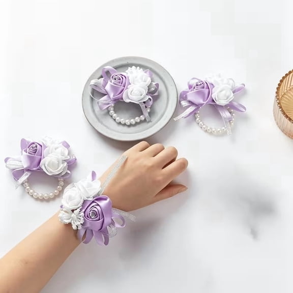 Elegant Beaded Small Rose Wrist Flowers - 4pcs Set for Weddings and Parties