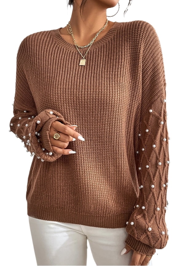 Elegant Beaded Sweater: Soft Chestnut Color with Drop Shoulder Design | [ZhiHiMeRi] | (US 8-10)M