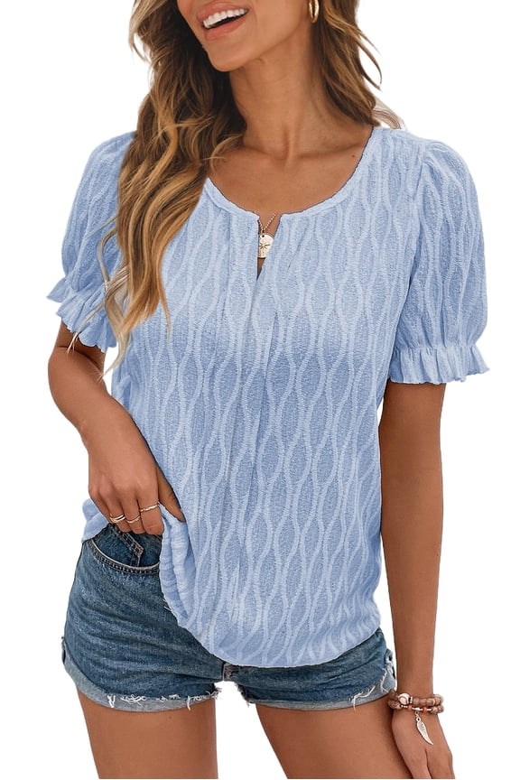 Elegant Beau Blue Puff Sleeve Blouse – Stylish Casual Top for Women’s Everyday Fashion, L