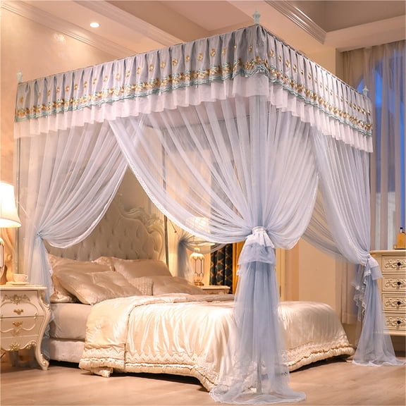 Elegant Bed Canopy with Floral Embroidery, Lace Ruffled Layered Design, Four Corner Straps & Soft Drooping Curtain for Romantic Bedroom Decor
