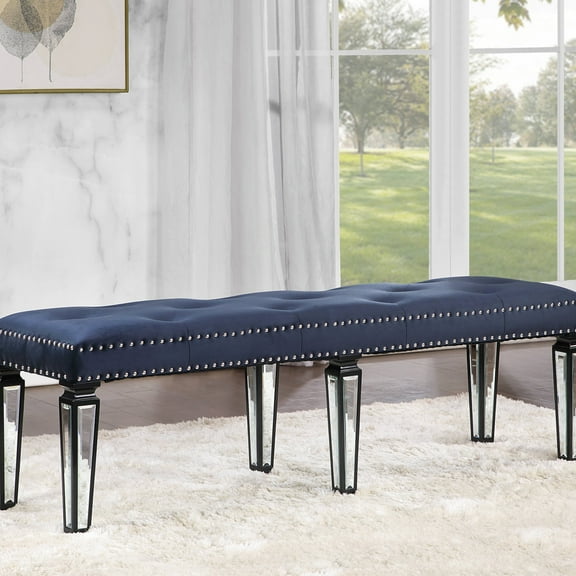 Elegant Bedroom Bench In Dark Navy Velvet With Mirrored Leg Enchantment And Comfort Glamorous For Attraction Grace